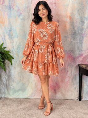 📌Flying Tomato Terracotta Tiered Ruffle Hem Floral Mini Dress